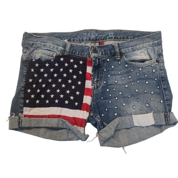Guess American Flag Shorts Rhinestones Stars and Stripes USA Unique 33x3 Sz 31 - Picture 1 of 14